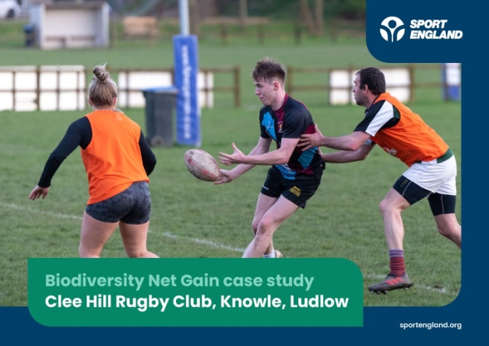 Front cover of a biodiversity net gain case study document on Clee Hill Rugby Club, featuring rugby players in action.