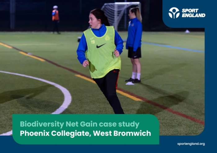 Front cover of a biodiversity net gain case study document on Phoenix Collegiate, featuring a female footballer in a training session.