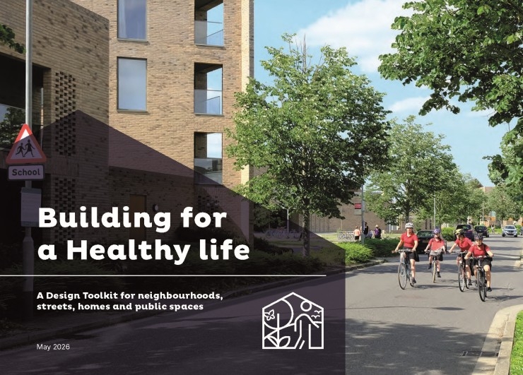 Front cover of the Building for a Healthy Life design toolkit for neighbourhoods, streets, homes and public spaces, featuring a group of cyclists on a suburban road.