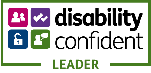 Disability confident leader badge, with icons of an unlocked padlock, two ticks, two people and a person with a thought bubble above them